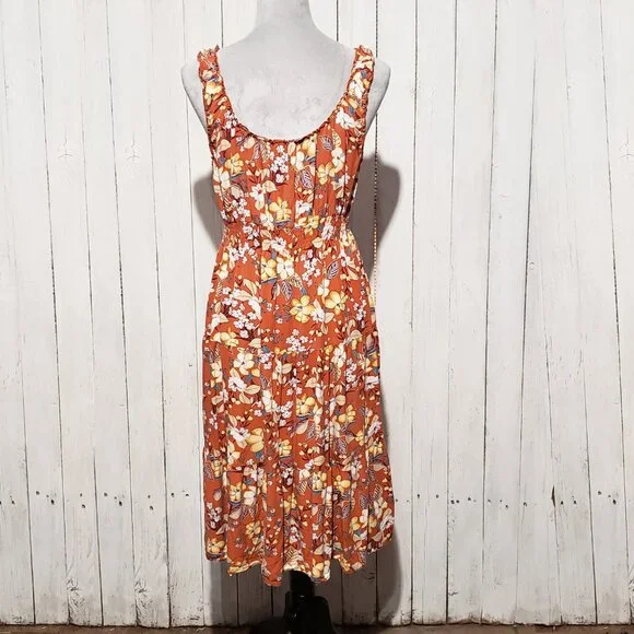 Lapis Dress L Orange Floral Sleeveless Cottage Prairie Tomato Bloom Earthy Mod - Picture 4 of 6